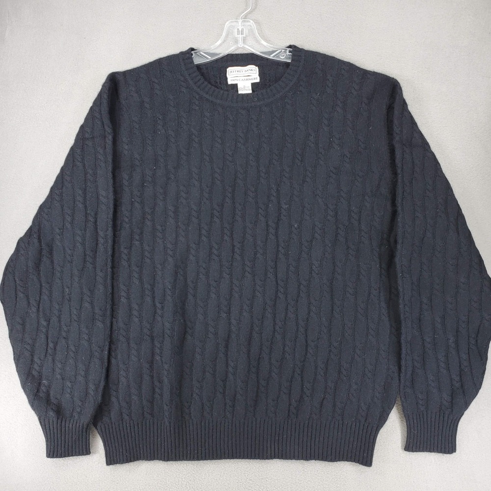 Jeffrey Banks Sweater Mens XL Black 100% Cashmere Cable Knit Crew Neck Pullover
